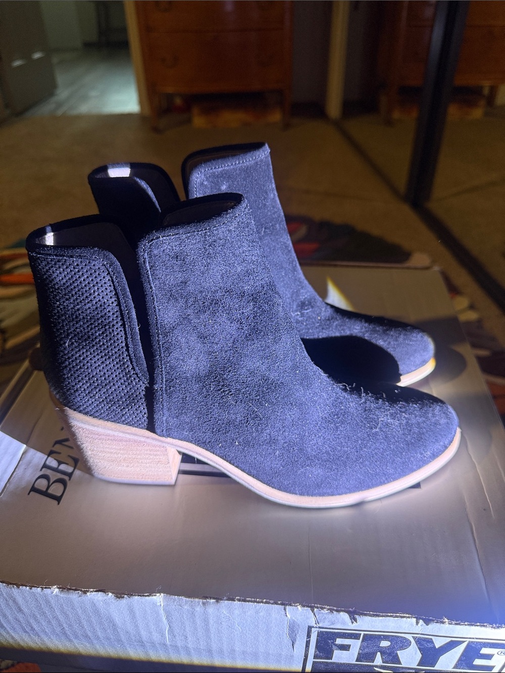 hinge Black Suede Chelsea Ankle Booties with Low Wood Heel